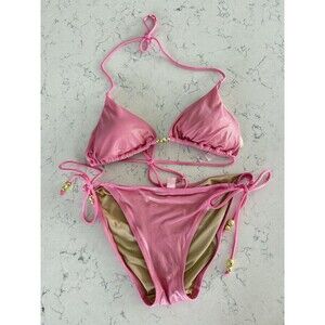 Victoria Secret Vintage Y2K Pink Shimmer 2 Piece Bikini With Silver Beading